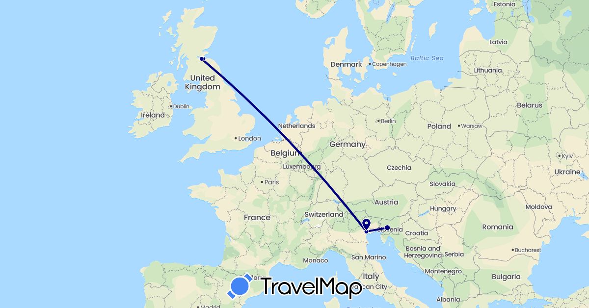 TravelMap itinerary: driving in United Kingdom, Italy, Slovenia (Europe)